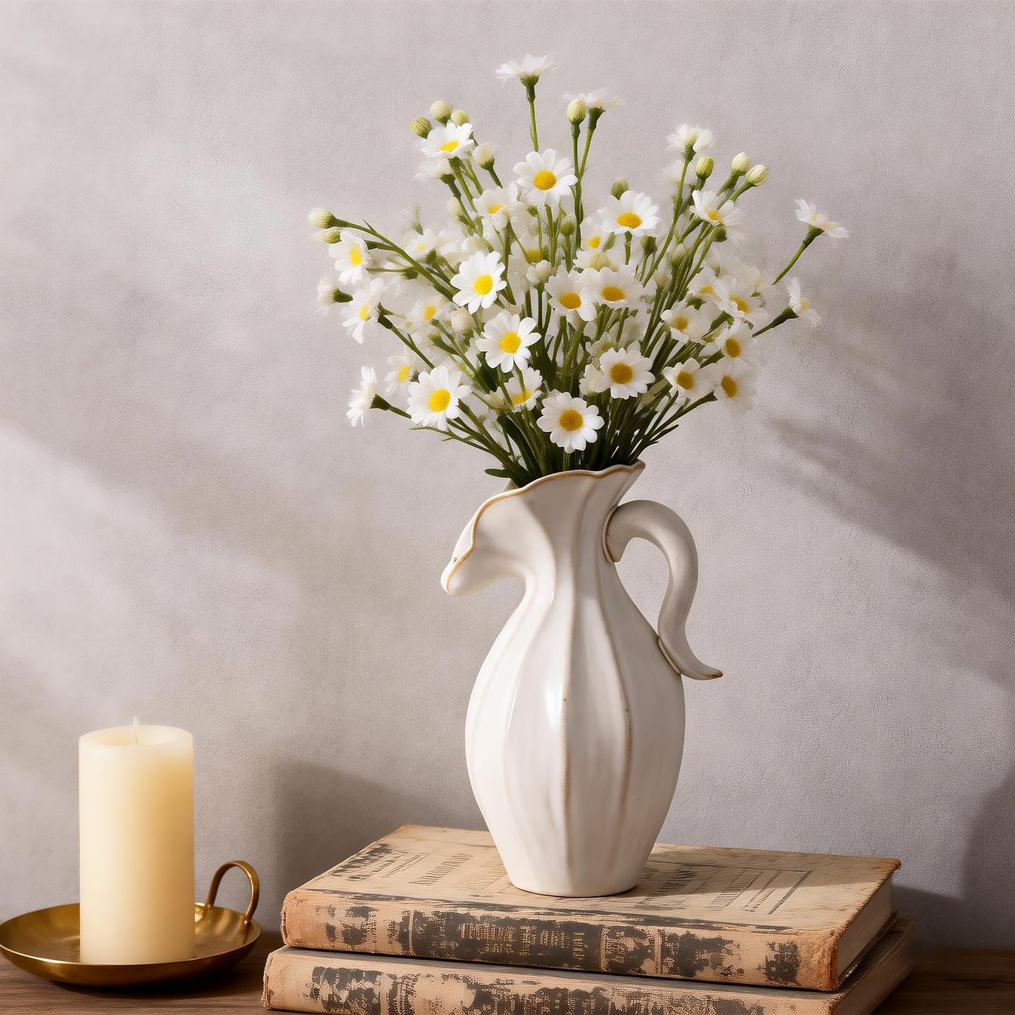 Evaithou Ceramic Pitcher Vase, 7.7" Cream White Reactive Glaze