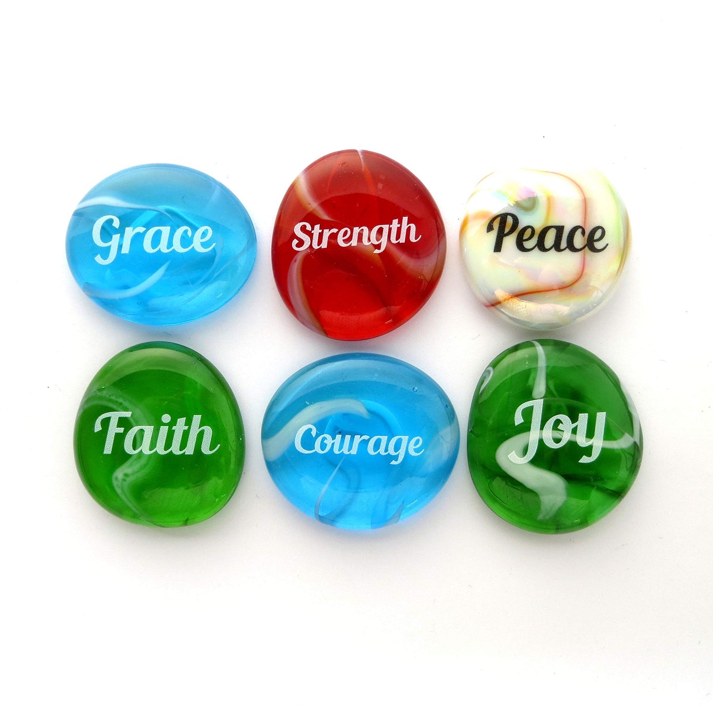Lifeforce Glass Festival Glass! Deluxe, Unique Imprinted Glass Stones. Six Inspiring Words on Which to Focus Set II