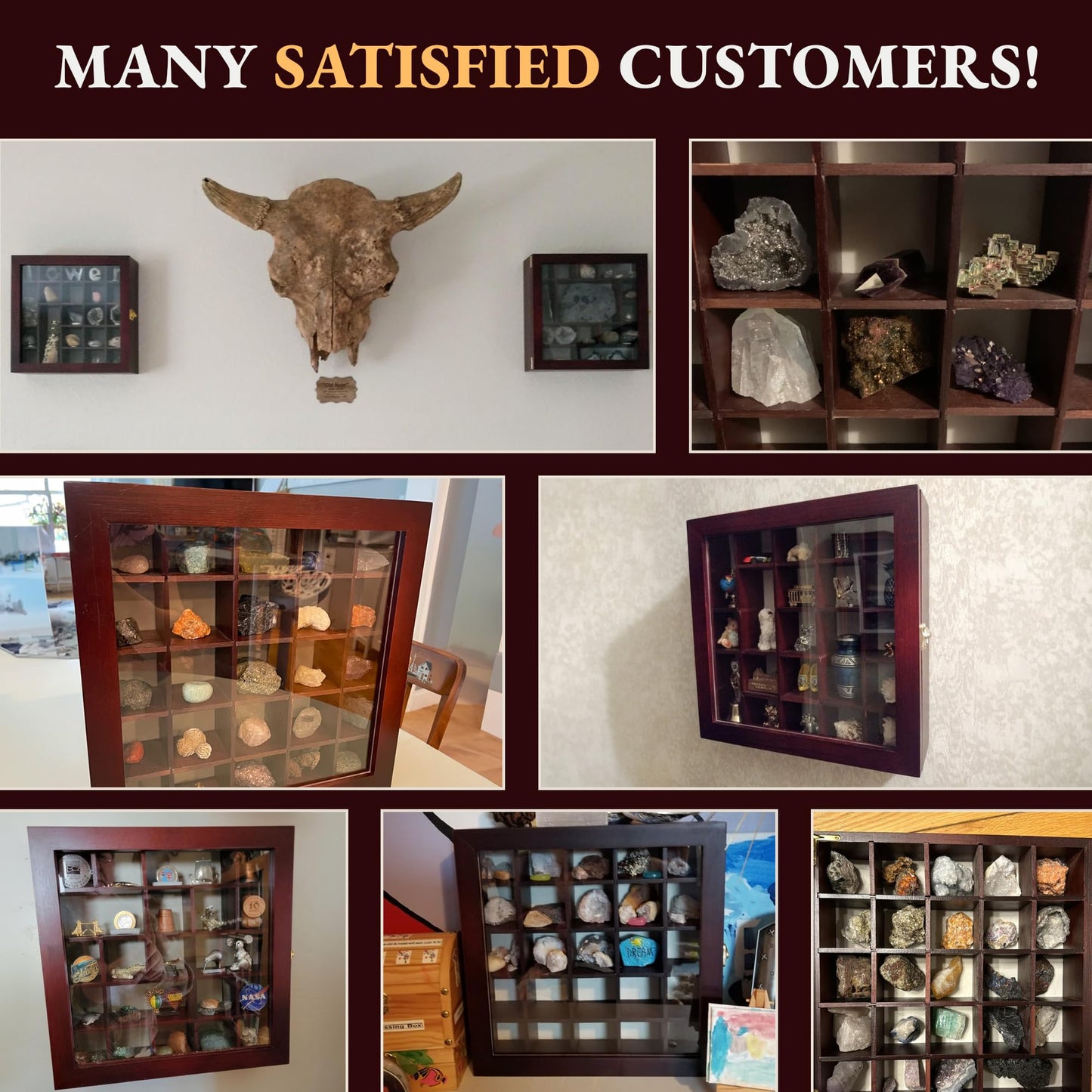 Adjustable Rock Display Case - Rock Collection Box with Fabric Bed for Mineral Display - Dark-Finish Shadow Box with Shelves for Crystal Storage - Display Cases for Collectibles (Large)