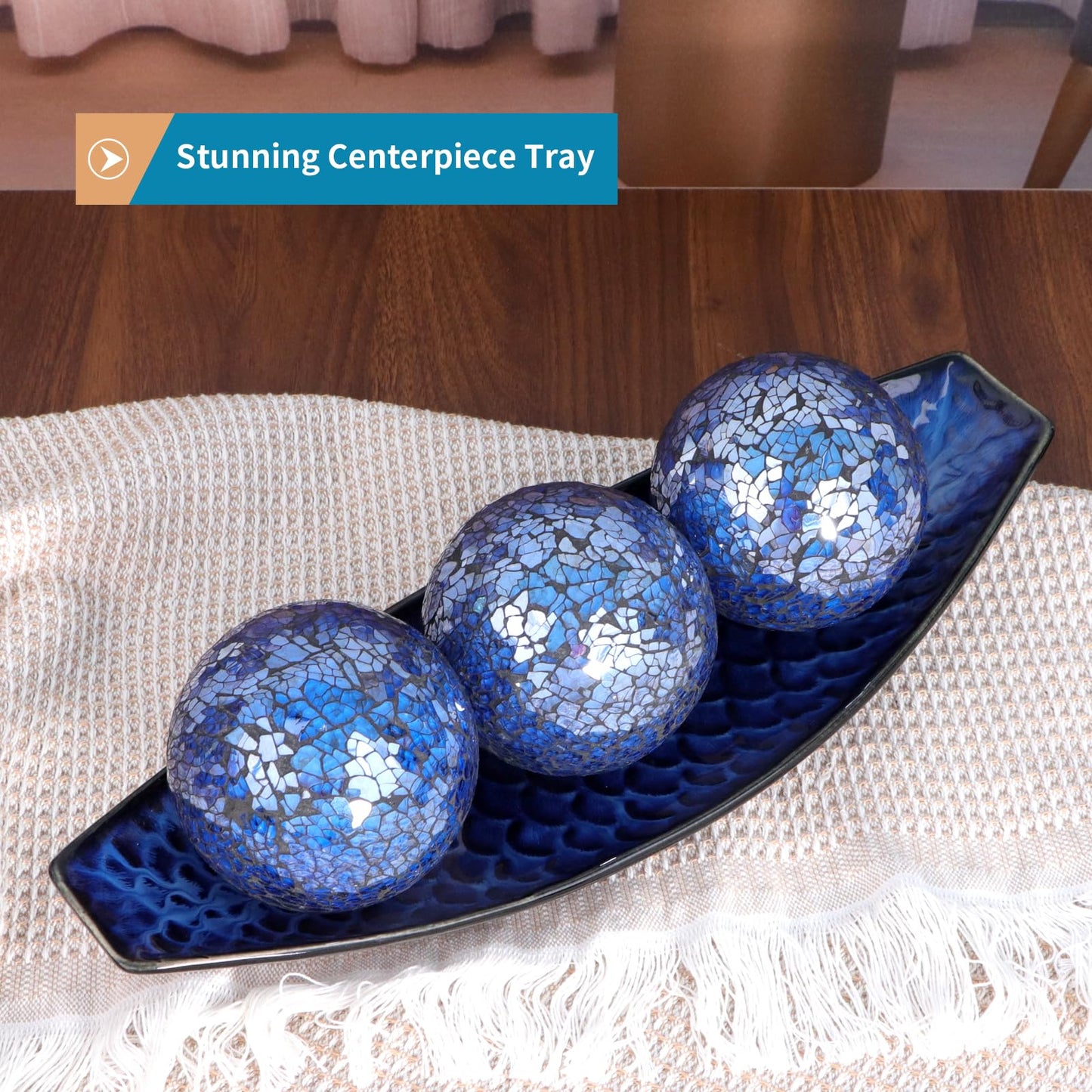 Sanbege 16" Large Ceramic Decorative Tray and 4" Glass Mosaic Balls Set of 4, Long Boat Shaped Centerpiece Bowl and Orbs Set for Home, Party Decor (Blue)