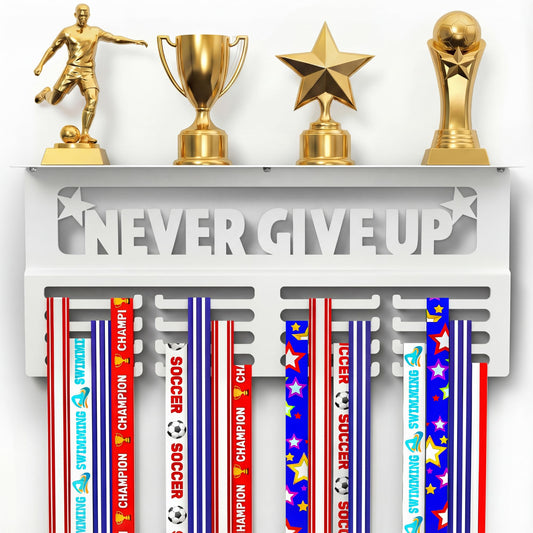 AGATHOS HOME White Medal Hanger Display with Shelf - Award Rack Trophy Shelf for Walls Holds 64+ Sports Medals - Never Give Up Wall Medal Holder for Gymnastics, Soccer, Marathon, Swimming, Soccer