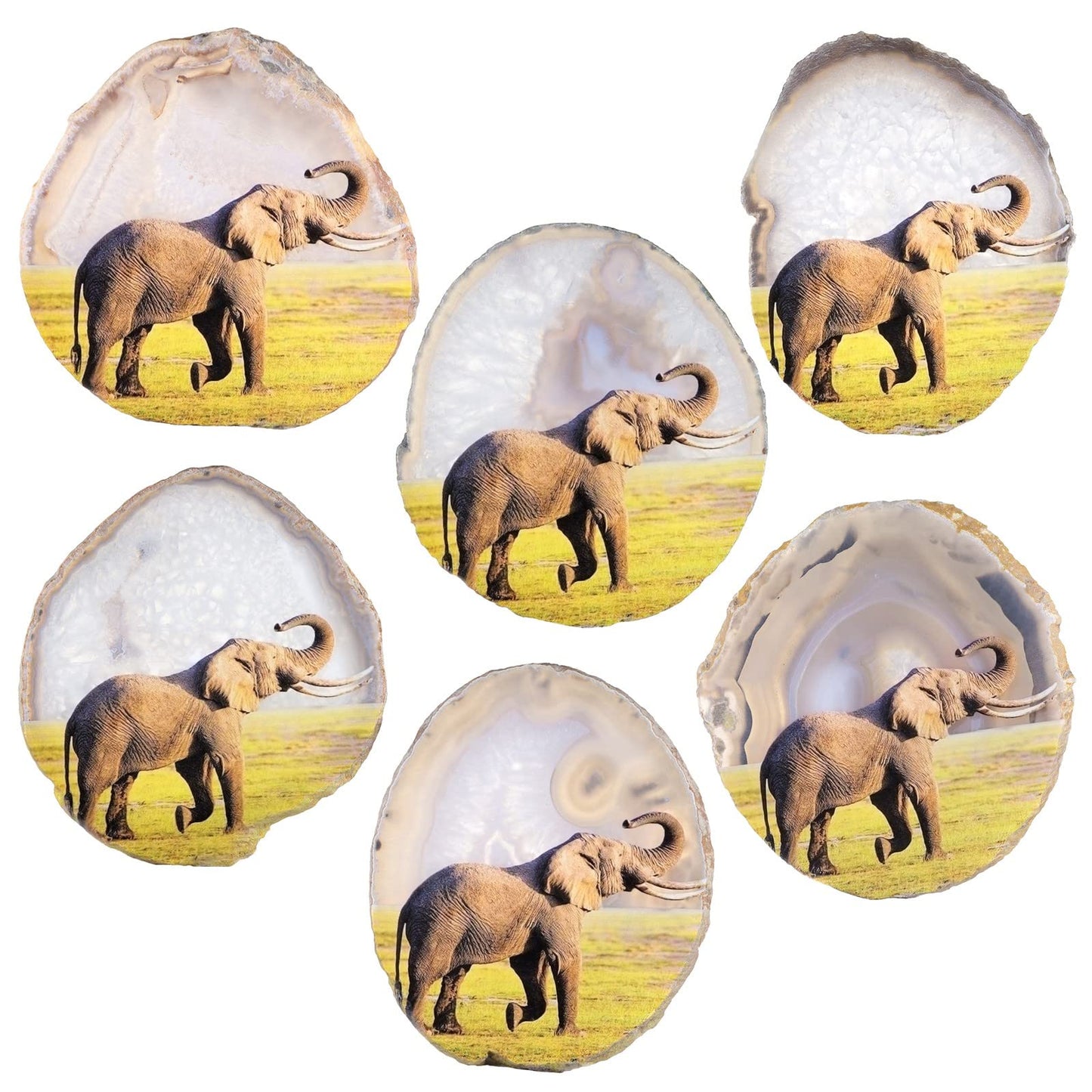 Nupuyai Natural Agate Stone Slice Decor for Home Office, Irregular Geode Agate Painting Artwork with Wooden Stand, Elephant