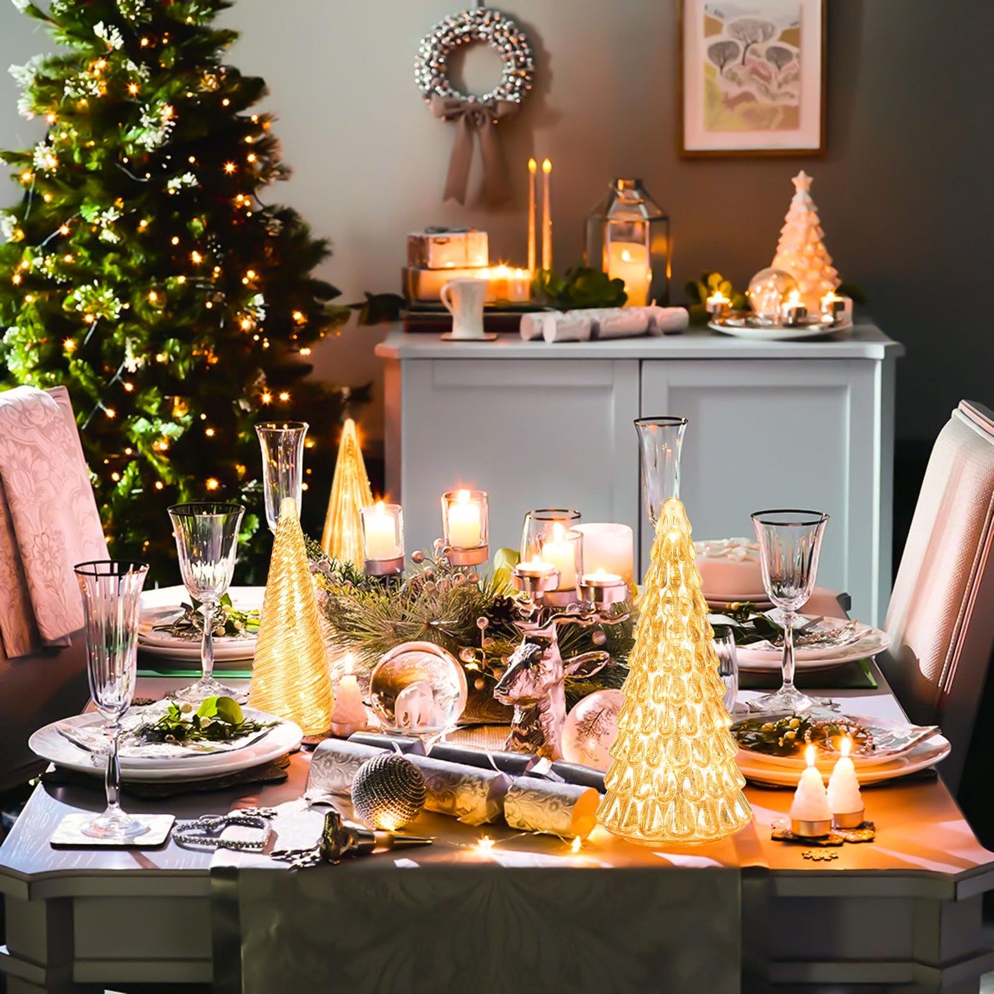 Table Top Christmas Tree Decorations with Fairy Lights,Gold Mercury Glass Finish, Holiday Table Centerpiece and Mantle Decor Set of 3 Assorted Trees