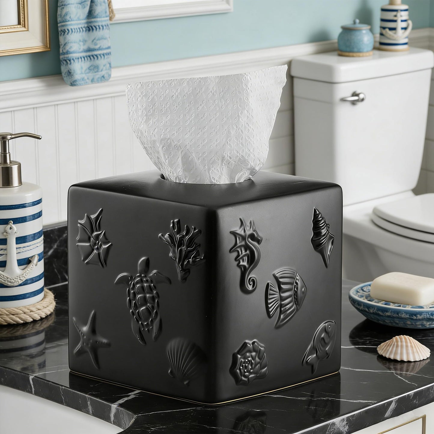 Black Ceramic Sea World Tissue Box Cover, Carved Marine Life Large Square Tissue Box Holder Decorative for Bathroom, Vanity, Kitchen Countertop, Bedroom Night Stands, Office Desk Top