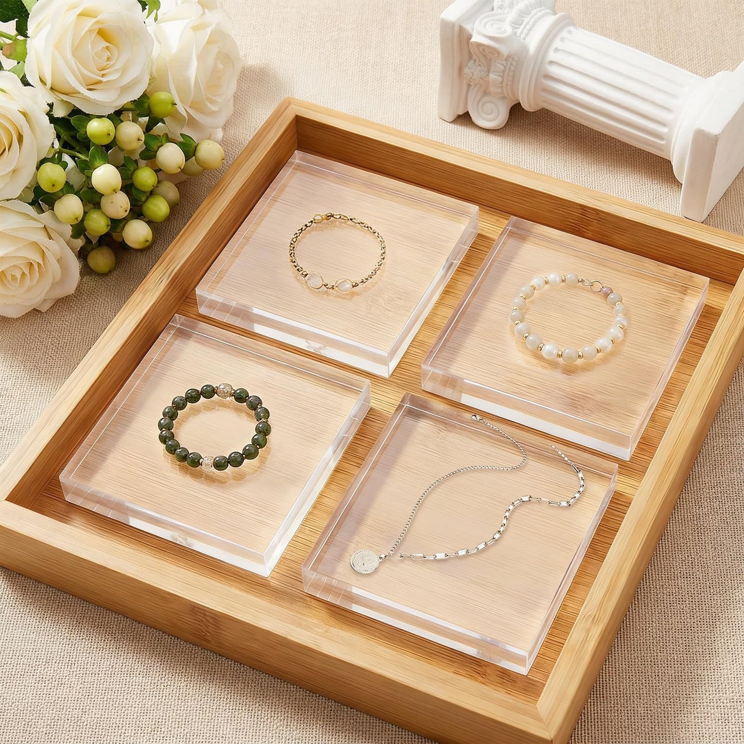 FUPMILPHRANX 4 PCS Acrylic Display Blocks 6 x 6 x 1 Inches Clear Polished Acrylic Cube Riser Square Base Stand Solid Pedestal Stand for Jewelry, Rings, Trophies, Food and Collectibles Display