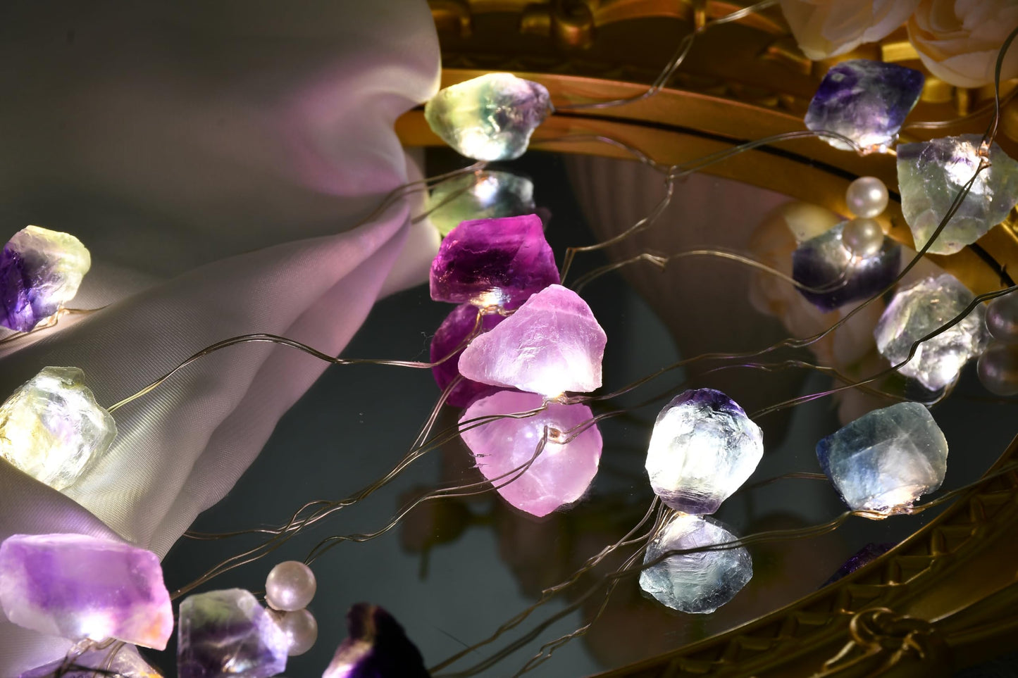 FLCSIed Nature Colorful Fluorite Crystal String Lights 6.5 FT 20 LED Powered by AA Batteries(not Included), Gift for Women Men, Bedroom Night Light, Mother's Day Wedding Gift (Multi-Color)