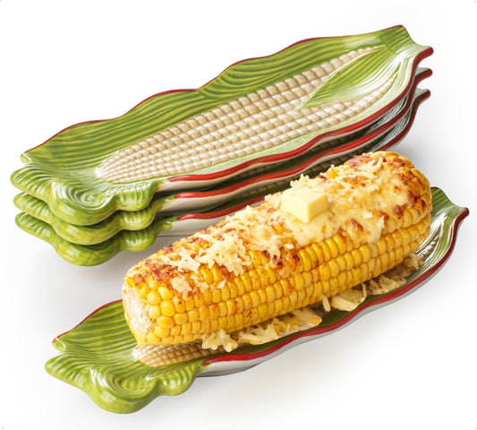 YHOJOY Corn on the Cob Dishes Set of 4, 10 Inch Large Ceramic Corn Cob Holders Plates, Embossed Corn Trays for Mess-Free BBQ, Summer Picnic, Oven & Dishwasher Safe, Multicolor