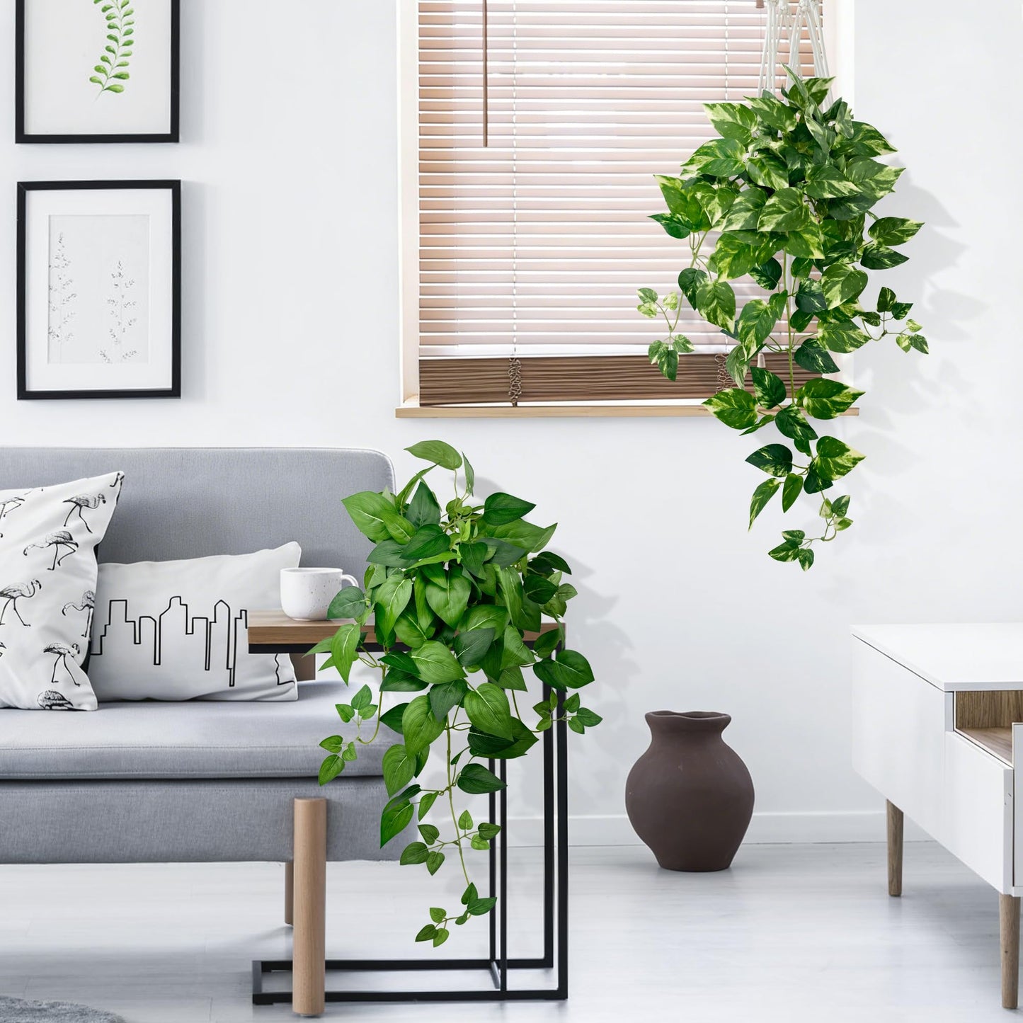 VUAHAUL Artificial Hanging Plants with White Pots (2, Green and Yellow Green, 23.6'')