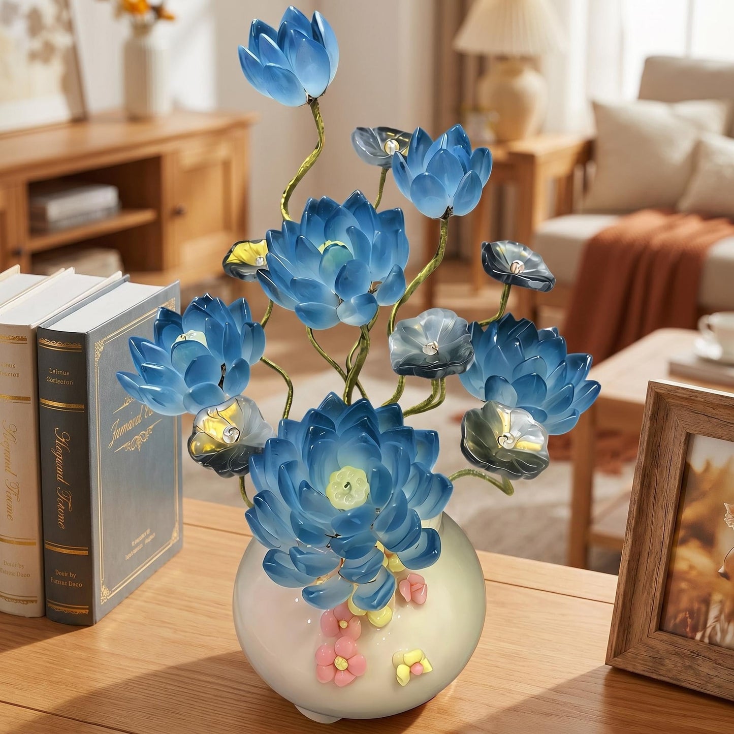 Handmade Art Glass Lotus Flower Arrangement in Vase, Blue Glass Floral Sculpture, Elegant Home Decor Accent, Decorative Centerpiece Gift for Mom, Women, Housewarming (Sapphire Blue)