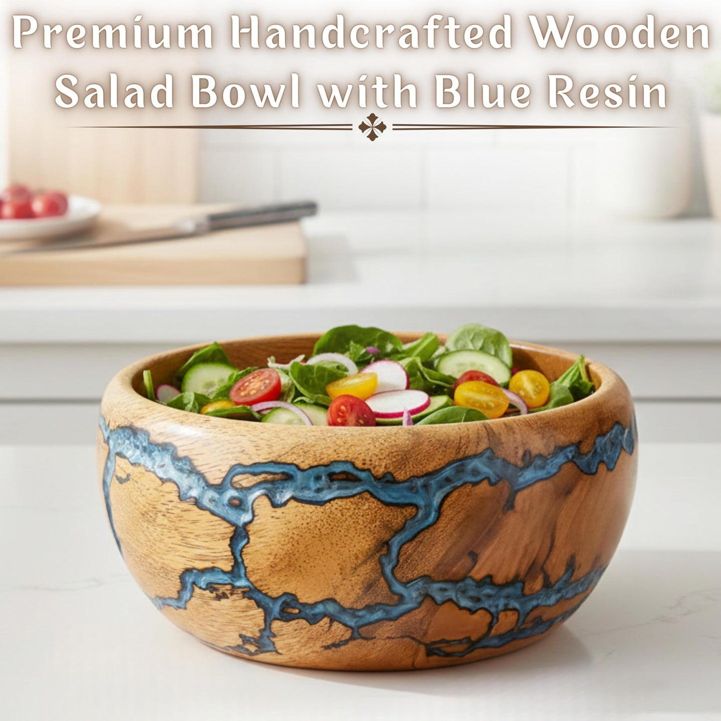 Bhartiya Handicrafts Decorative Wooden Bowl, Handcrafted Blue Resin Serving Bowl for Salad, Fruit & Kitchen Table Décor Bowl (Small)