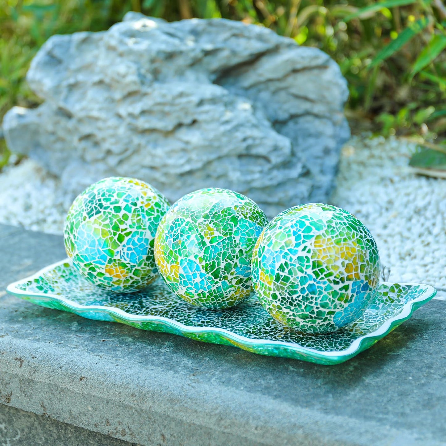 Afirst Decorative Ball and Glass Bowl - 4 Inch Mosaic Sphere Centerpiece Table Decorations with Tray for Coffee Table Decor, Living Room,Dining Table,Party,Wedding Decor