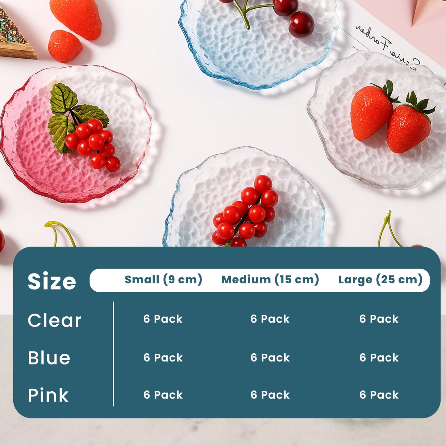 Coolcapis 6 pcs Textured Glass Plates Set – Wavy Edge Decorative Hammered Ice Appetizer Plates, Frosted Elegant Clear Glass Serving Tray Dinner Artistic Dinnerware (Blue, Small)