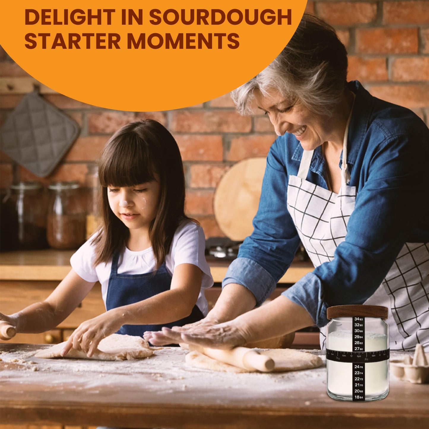 NAYYAB PRODUCTS Sourdough Starter Jar Kit Pack Of 2, 24oz Jar with Wooden lids, Ounce Scale Line, Silicon Scraper, Cloth Cover, Thermometer Sticker, Date Marked Feeding Band, Sourdough Jars