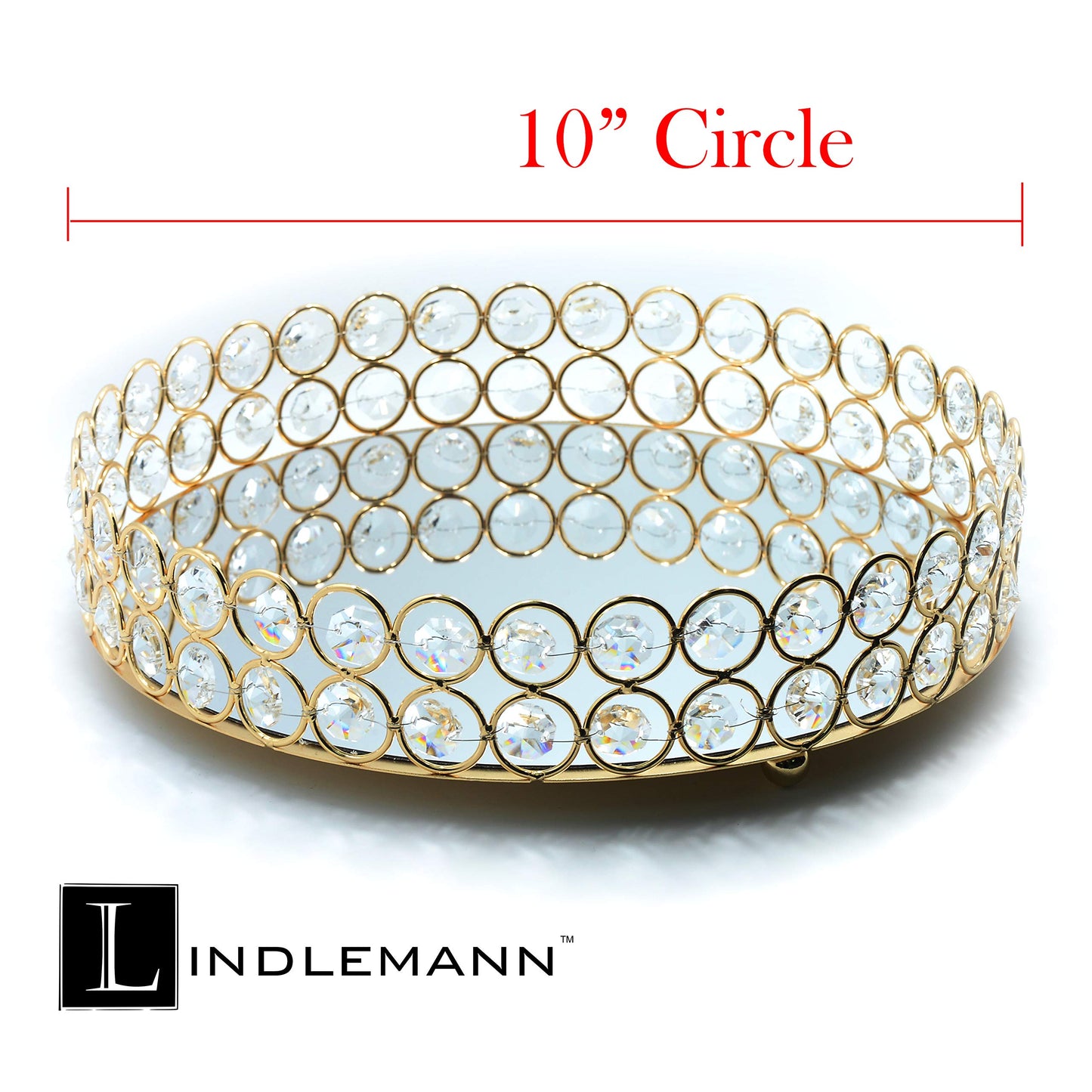LINDLEMANN Crystal Decorative Tray Metal Mirrored Perfume Cosmetic Organizer Jewelry Trinket Display Storage Vanity Trays Home Décor Accents Luxury Gift (Round, 10in, Gold)