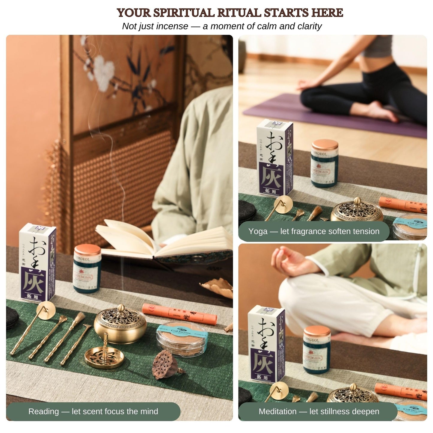 Powder Incense Burner Kit with Brass Censer, Incense Ash Tools and Mold Press Set, Complete Gift Box for Meditation, Yoga and Home Relaxation