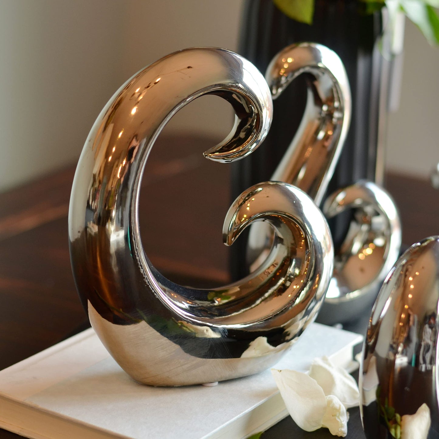 WHW Whole House Worlds Eternity Curl and Wave Sculptures, Set of 3, Decorative Modern Art, Silver Titanium Glazed, High Fired Stoneware, 8.25 Inches
