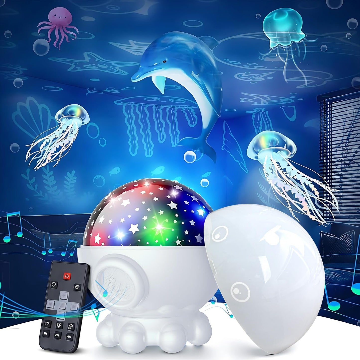 Cute Octopus Night Light Projector,17 Light Modes Ocean Star Projector with 360° Rotation, 3 Projection Films and 9 Lullaby Songs,Night Lamp with Remote and Timer, Gifts for Family and Friends (White)