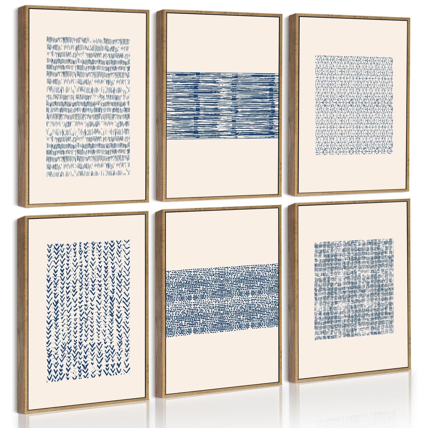 Drsoum Mid-century Boho Geometric Abstract Decor Blue White Grunge Minimalist Bohemian Wall Art Framed Canvas Prints 8"x 10"x 6pcs Natural Framed