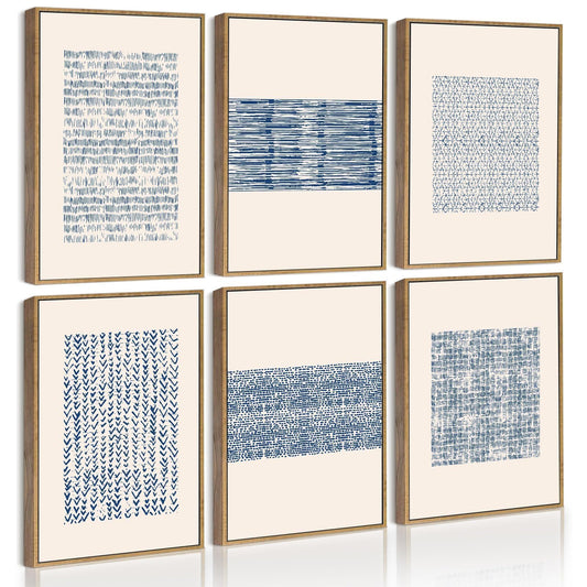 Drsoum Mid-century Boho Geometric Abstract Decor Blue White Grunge Minimalist Bohemian Wall Art Framed Canvas Prints 8"x 10"x 6pcs Natural Framed