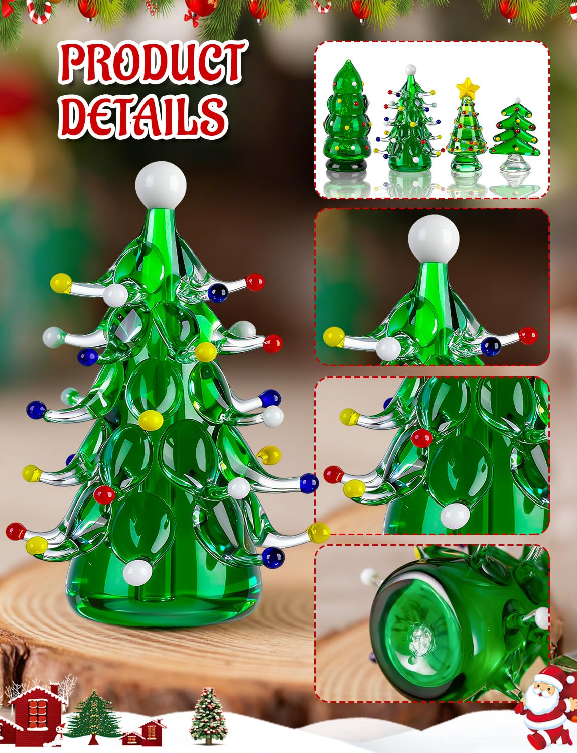 ALDMIO 4Pcs Blown Glass Christmas Tree Decor, Mini Christmas Tree Figurines Art Decorations for Home Festival Xmas Decoration