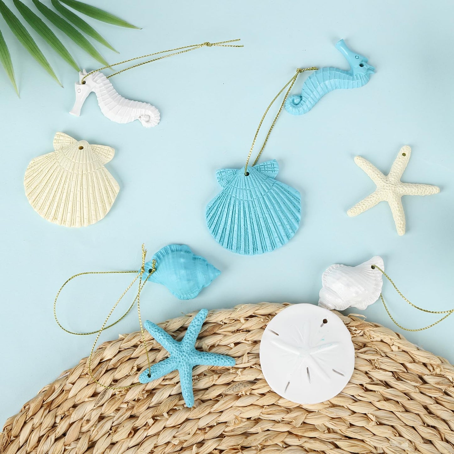 30 Pieces Resin Starfish Seahorse Sanddollar Conch & Seashells Set with Rope for Christmas Tree Hanging Ornaments Beach Theme Wedding Home Decor & DIY Crafts (Beige)