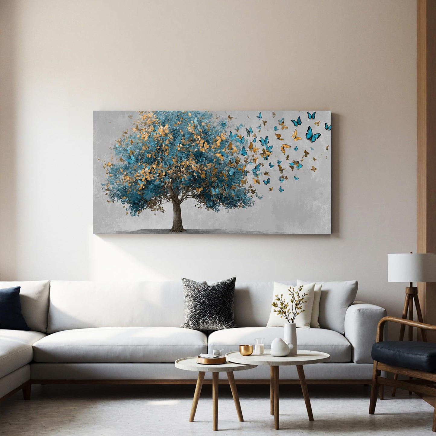 YISXINOAG Canvas Art Wall Decor Modern Wall Art Tree of Life Wall Art Blue Tree Paintings Gold Butterfly Modern Landscape Painting Canvas Artwork Pictures for Bathroom,Dining Room Size 20"X40"