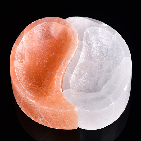 AMOYSTONE Selenite Yin-Yang Bowl 4" - Fish Shaped White & Orange Selenite Natural Crystals Jewelry Dish for Cleanse Energy Home Decor