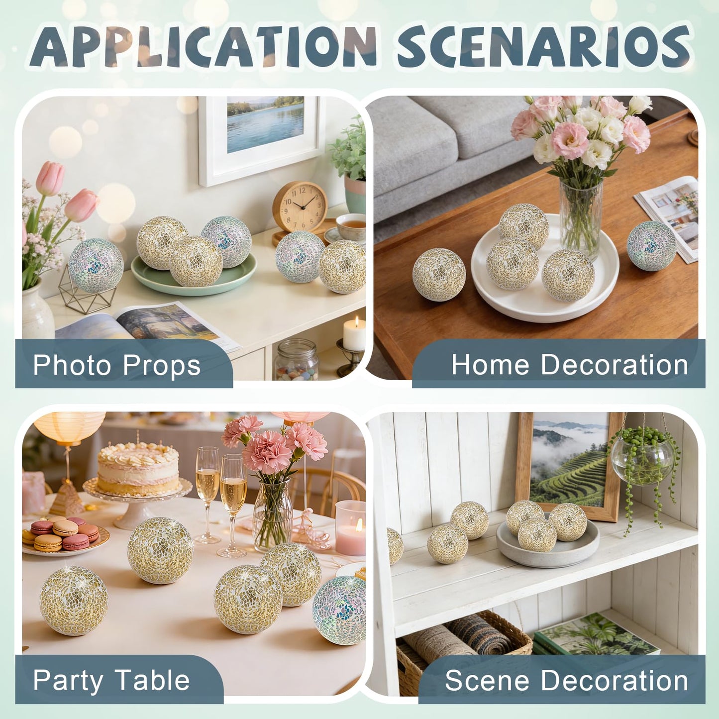 Folmywy 6 Pcs Silver Decorative Ball for Bowls 3.35inch Mosaic Glass Sphere