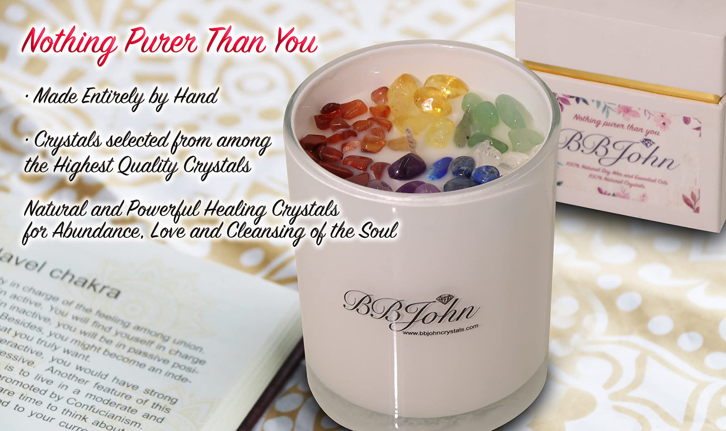 Chakra Crystal Candle - Manifestation Intention - Healing Crystals Gemstones - Seven Chakras Stones - Meditation - Spiritual Aromatherapy - Stress Relief, Relaxing & Balance - Natural Soy Wax