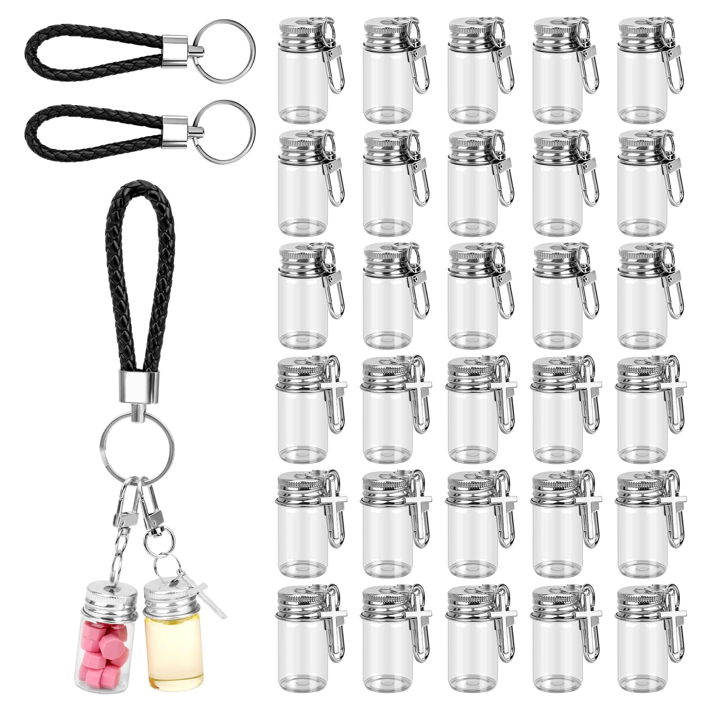 Catcan Mini Spice Keychain Bottles, 32 Pack 7ml Seasoning Keychain with Aluminum Lids & 2 Chains for DIY, Wedding Favors, Travel, BBQ Accessories