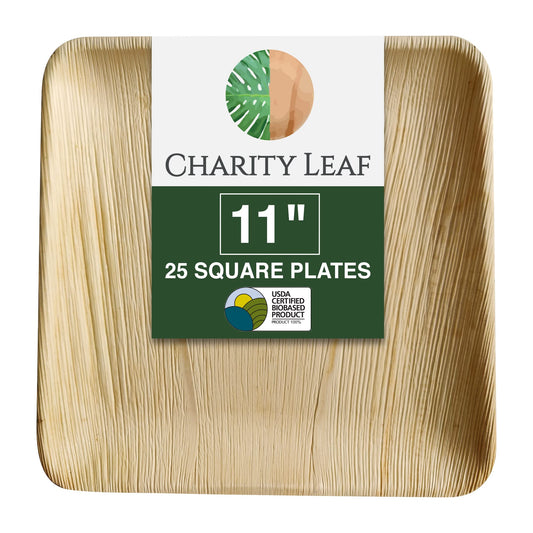 Charity Leaf Disposable Palm Leaf 11" Square Plates (25 pieces) Bamboo Like Serving Platters, Disposable Boards, Eco-Friendly Dinnerware For Weddings, Catering, Events