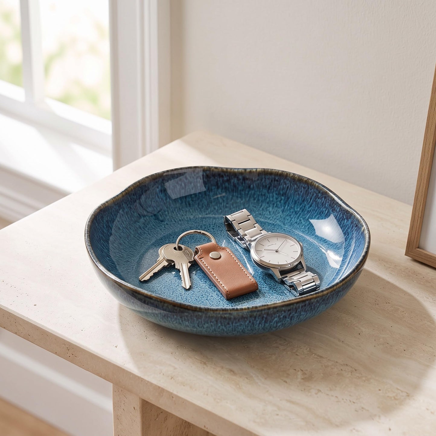 suruim Ceramic Decorative Bowl, Decorative Ceramic Bowl Tray with Reactive Glaze, Shallow Centerpiece Accent for Home Decor Table Shelf Mantel Entryway Display(Blue | M)