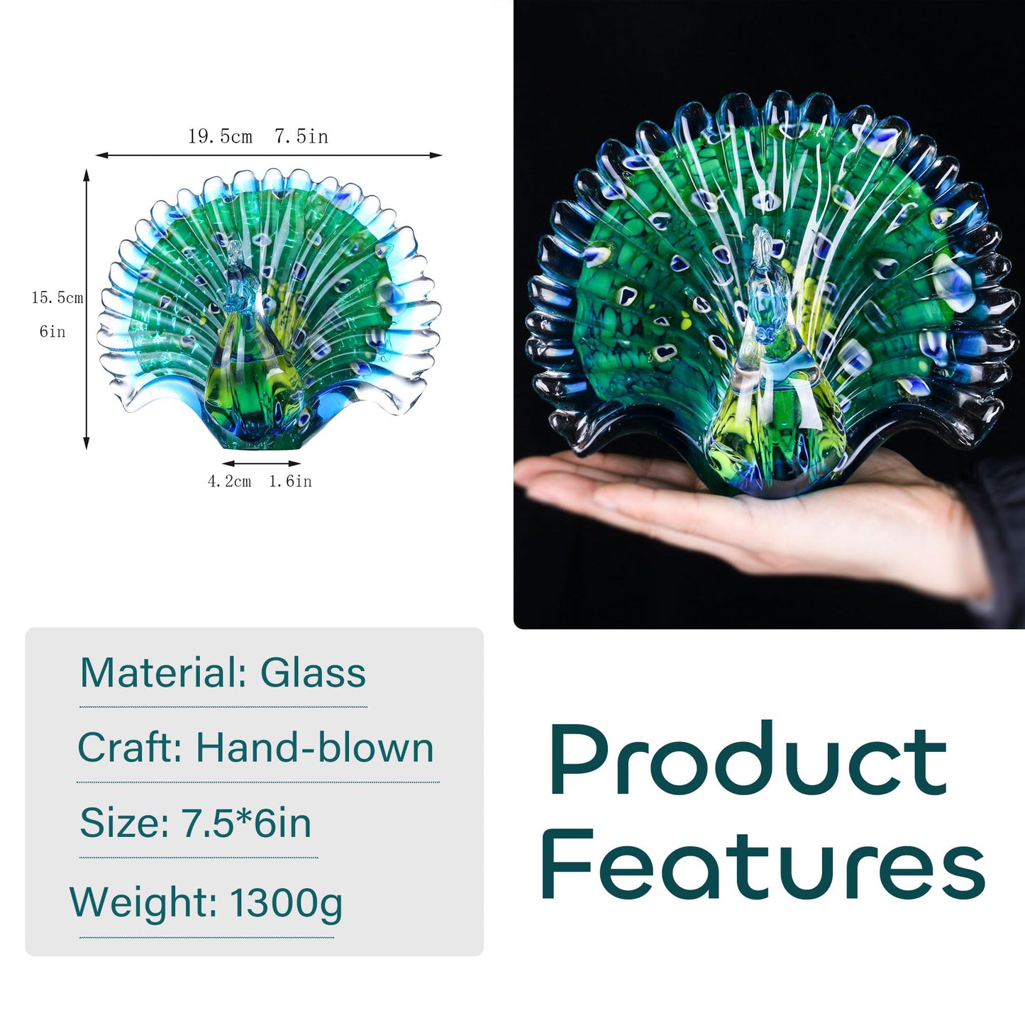 Crystalsuncatcher Hand Blown Glass Peacock Figurines Collectible Gift for Women Glass Art Animal Sculpture for Home Table Decorations (7.5in,Green)