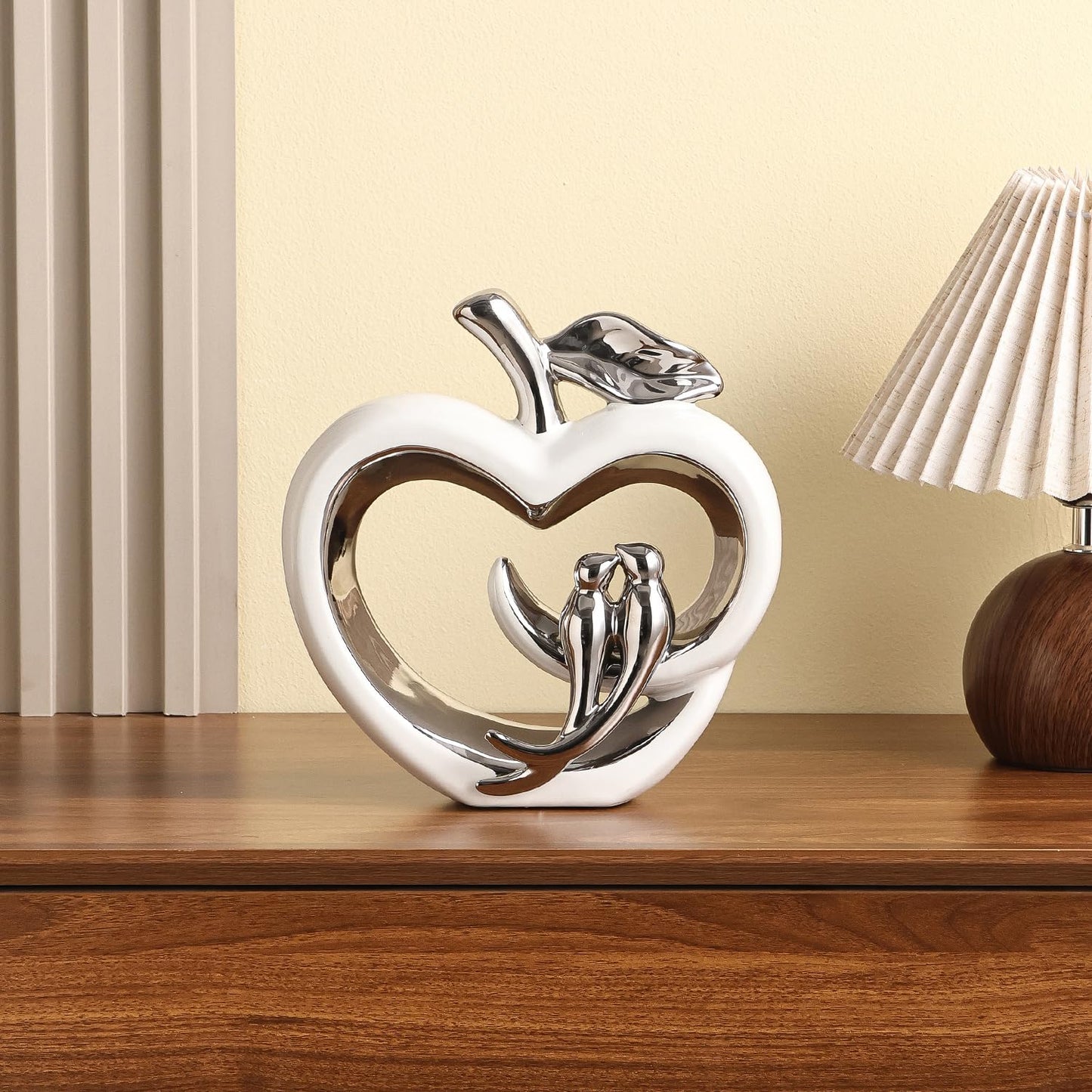 Ceramic Statue Home Decor, Fruit with Birds Sculpture, Modern Aesthetic Abstract Art Decorative Accent Table Decorations for Living Room Bedroom Bookshelf Table Office Centerpiece (White Silver)