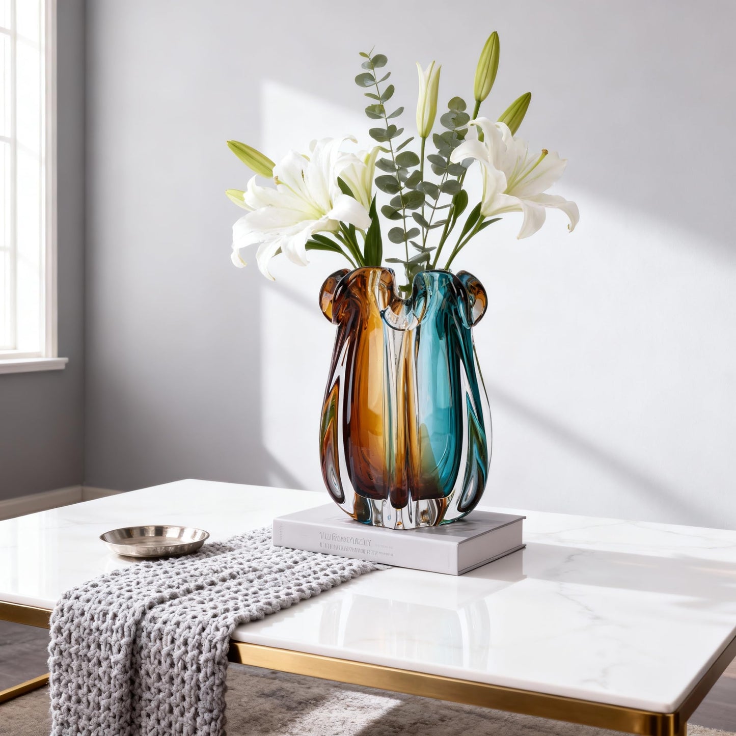 Hand Blown Glass vase, Gradient Blue and Amber Thick-Walled Decorative vase, Glass Art Wide-Mouth vase, Suitable for Living Room Coffee Tables, entryway Decor, Offices, and TV Cabinet Accents. (S)