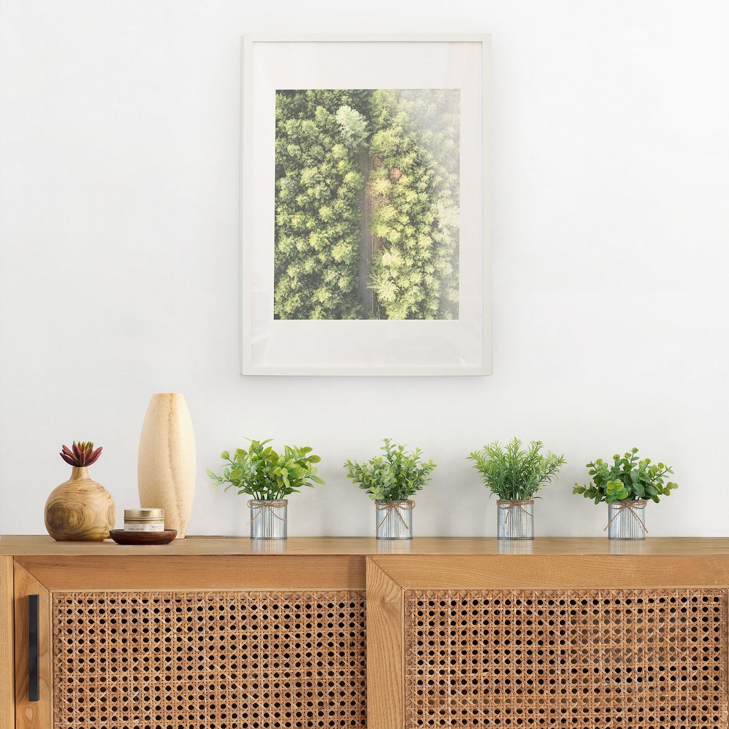 Mkono Artificial Succulent in Clear Glass Pot and 4 Packs Small Fake Plants in Farmhouse Galvanized Pots Table Centerpiece