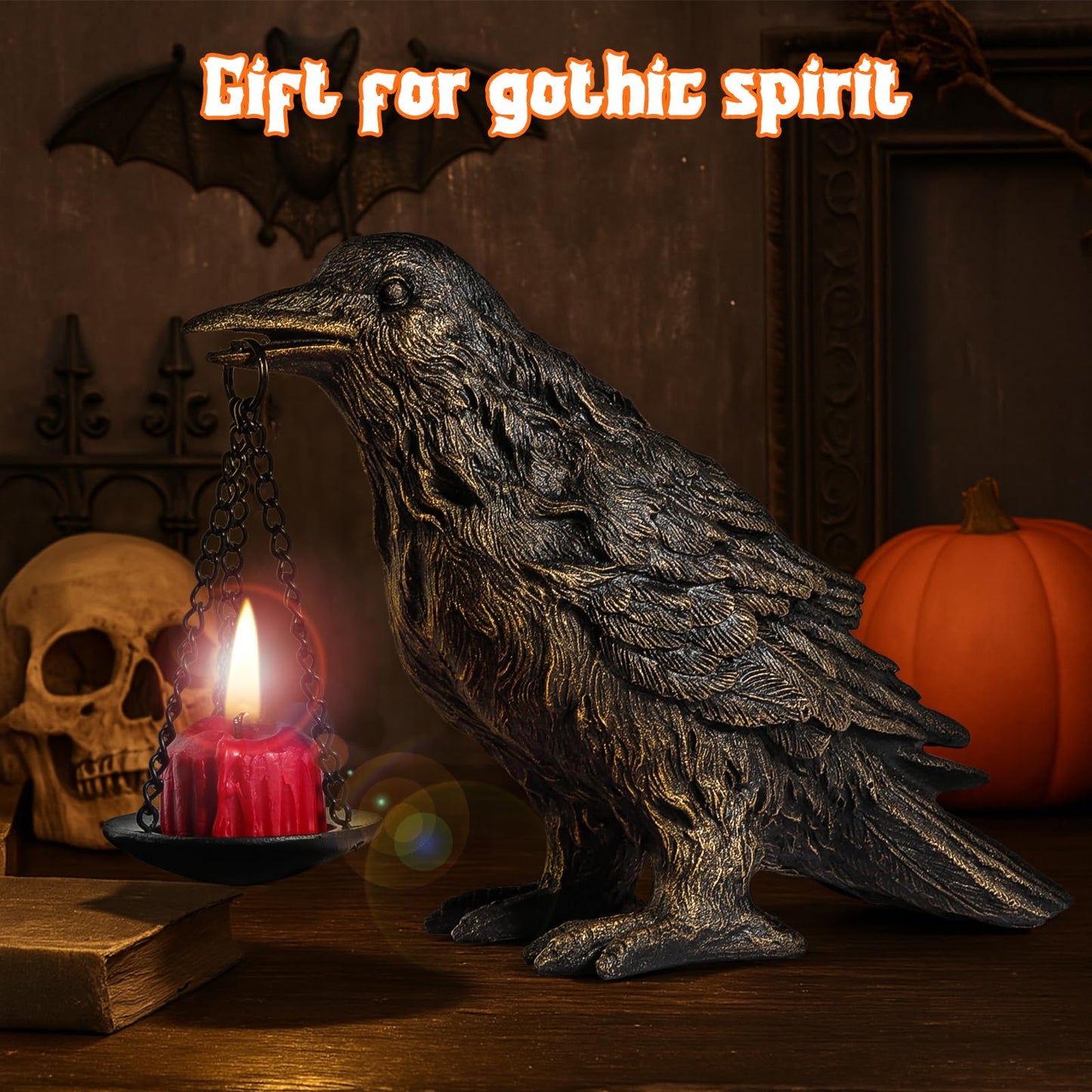 Gothic Home Decor Fake Crow Light Holder Raven Lamp Tealight Candle Holder Resin Statue Half Gold
