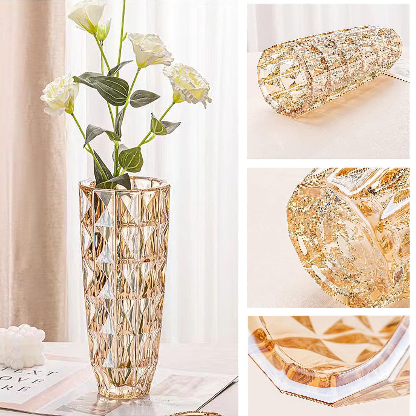 GIDARY Tall Vase,Large Vase, Clear Glass, H 10 inch,Weighs 3.3 LB,Heavy Diamond Check Pattern Crystal,for Home Decor,Bookshelf Decor,for Centerpieces (Amber)