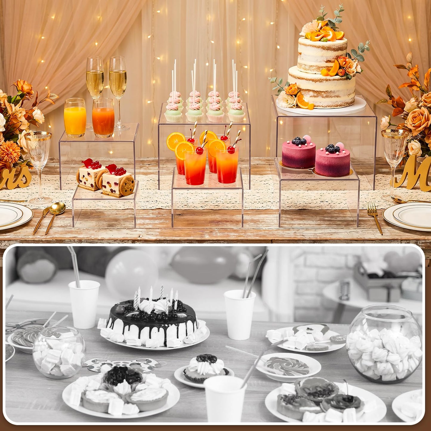 Budiwati 6 Pcs Acrylic Buffet Risers, Clear Stackable Food Display Stand, Nesting Cube Box with Hollow Bottom, Food Risers for Buffet Table Dessert Jewelry Catering(8'' 7'' 6'' 5'' 4'' 4'')