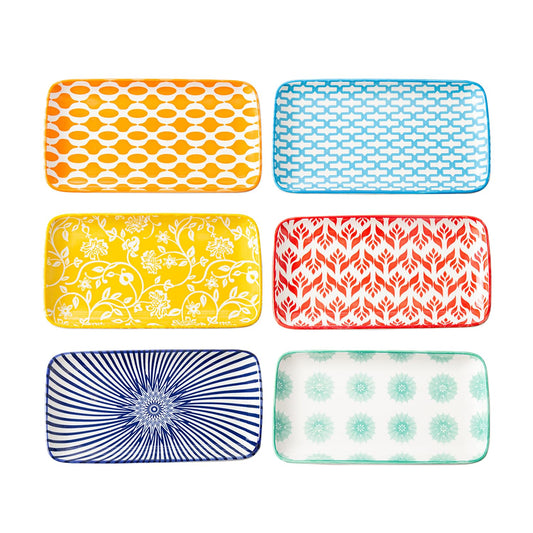 Cerkik Ceramic Rectangle Salad Plates Set - 8.1" x 4.5" Rectangular Serving Platter - Serving Trays for Sushi Dinner Dessert Pasta Appetizer - Microwave Dishwasher Safe - Set of 6 - Assorted Colors
