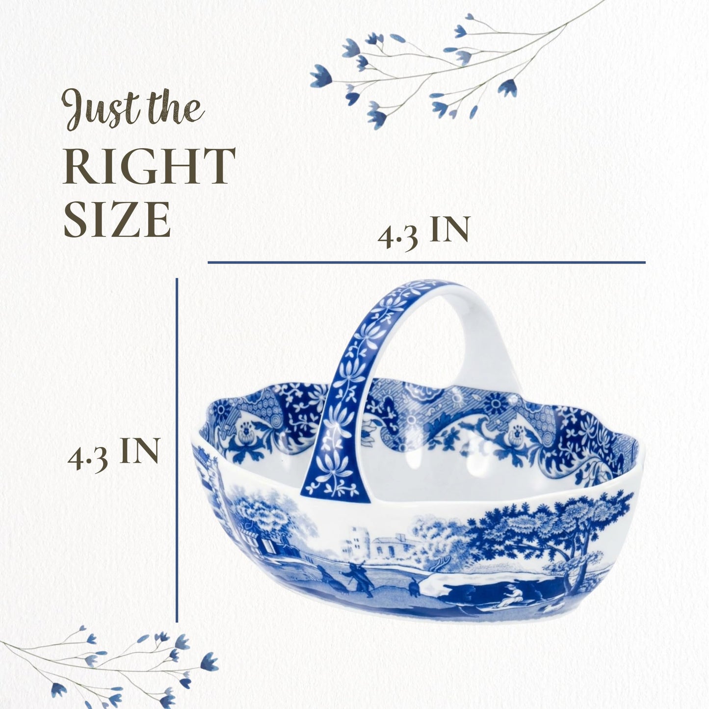 Spode Blue Italian Porcelain Handled Basket with Chip-Resistant Glaze - 6 Inch Decorative Serving Dish for Holiday Gift Giving, Hostess Presentation, Seasonal Table Accents