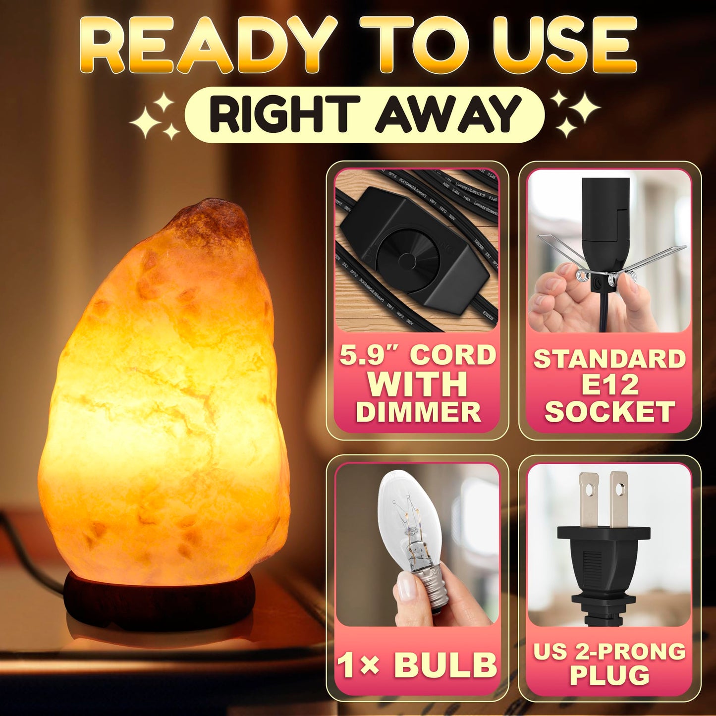 Himalayan Salt Rock Lamp with Dimmer – Hand-Carved Himalayan Salt Lamp Night Light 5.5–7" with Adjustable Warm Glow for Sleep & Relaxation