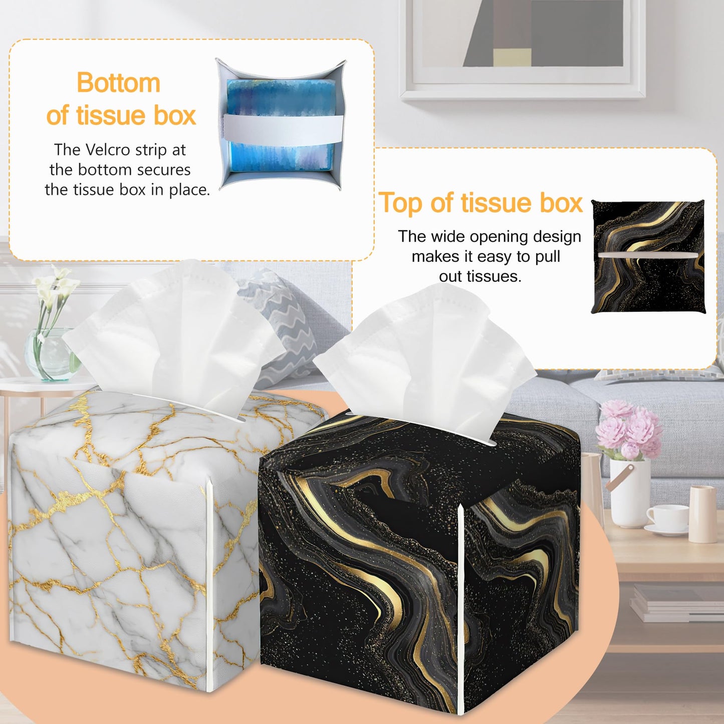 Black White Gold Marble 2 Pcs Tissue Box Holder Square Tissue Box Cover Facial Cube Napkin Organizer Dispenser for Bedroom Office Bathroom Decor