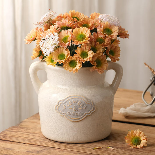 Rustic White Ceramic Vase, 5.8 Inch Vintage Flower Vases with Handle, Farmhouse Distressed Decorative Vases for Home Decor, Wide Mouth Vase for Living Room Bedroom Table Shelf Decorations
