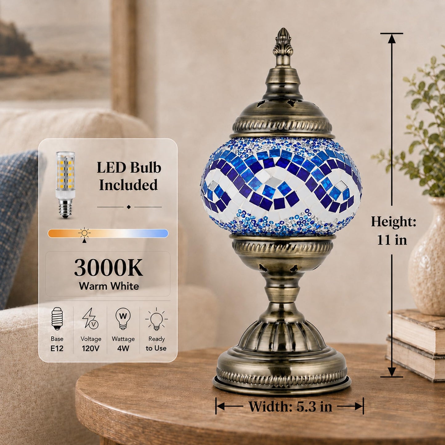 GOGERS Turkish Moroccan Table Lamp Lantern with Handmade Mosaic Glass Lampshade Tiffany Style Bohemian Stained Glass Decorative Desk Lamps Bedside Night Lights for Bedroom (White Multiple Blues)