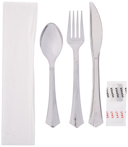 Reflections Plastic Fork, Knife, Spoon, Salt, Pepper, Paper Napkin Kit, Silver (100-Count)