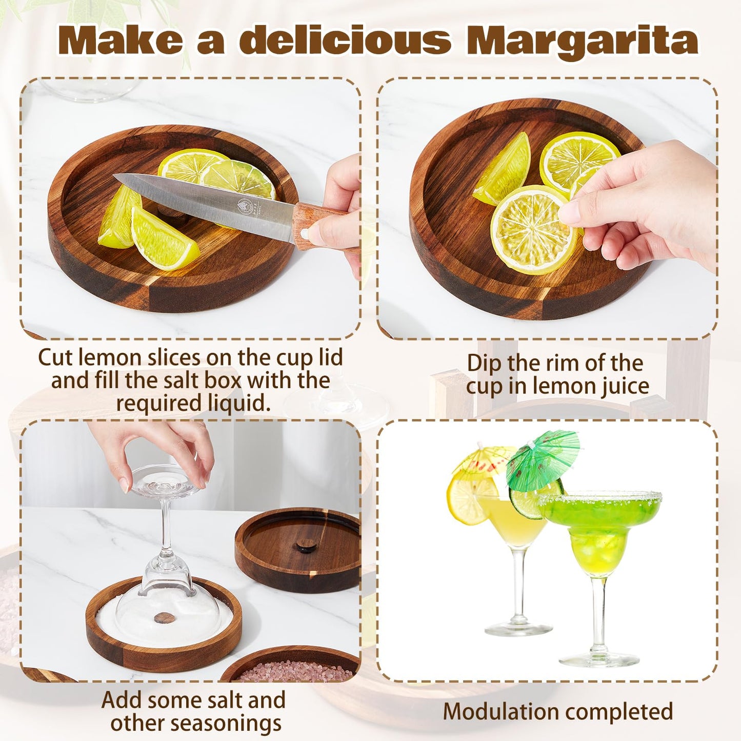 Margarita Salt Rimmer Set, 5 Tier Acacia Cocktail Glass Rimmer for Salt, Sugar & Lime, Wooden Drink Rimmers for Margaritas, Bartender Accessories, Home Bar Gifts for Cocktail Lovers