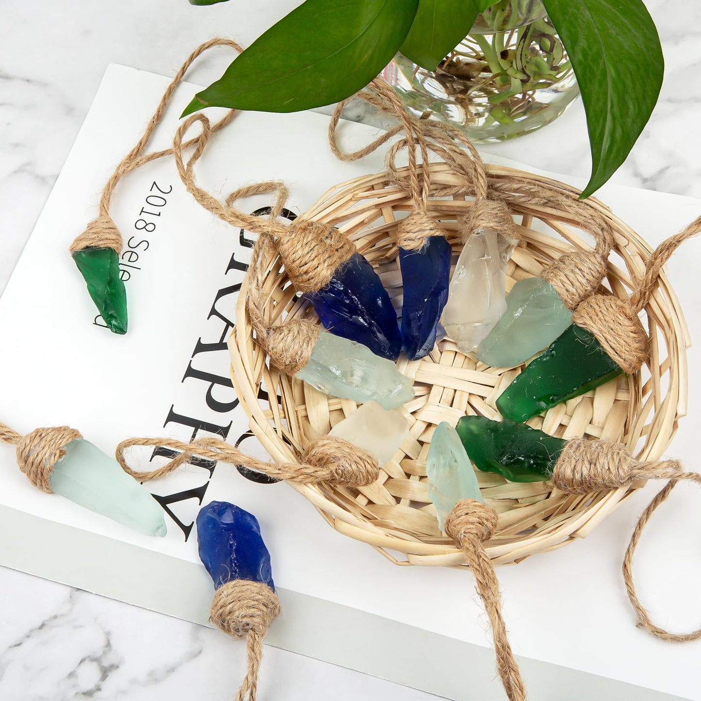 24Pcs Handmade Christmas Sea Glass Block Ornament Pendant, Sea Glass Crafts Coastal Decorative, Beach Seaglass Hanging Ornament Sets for Christmas Tree, Centerpiece, Home Decor Beach Weddings and More