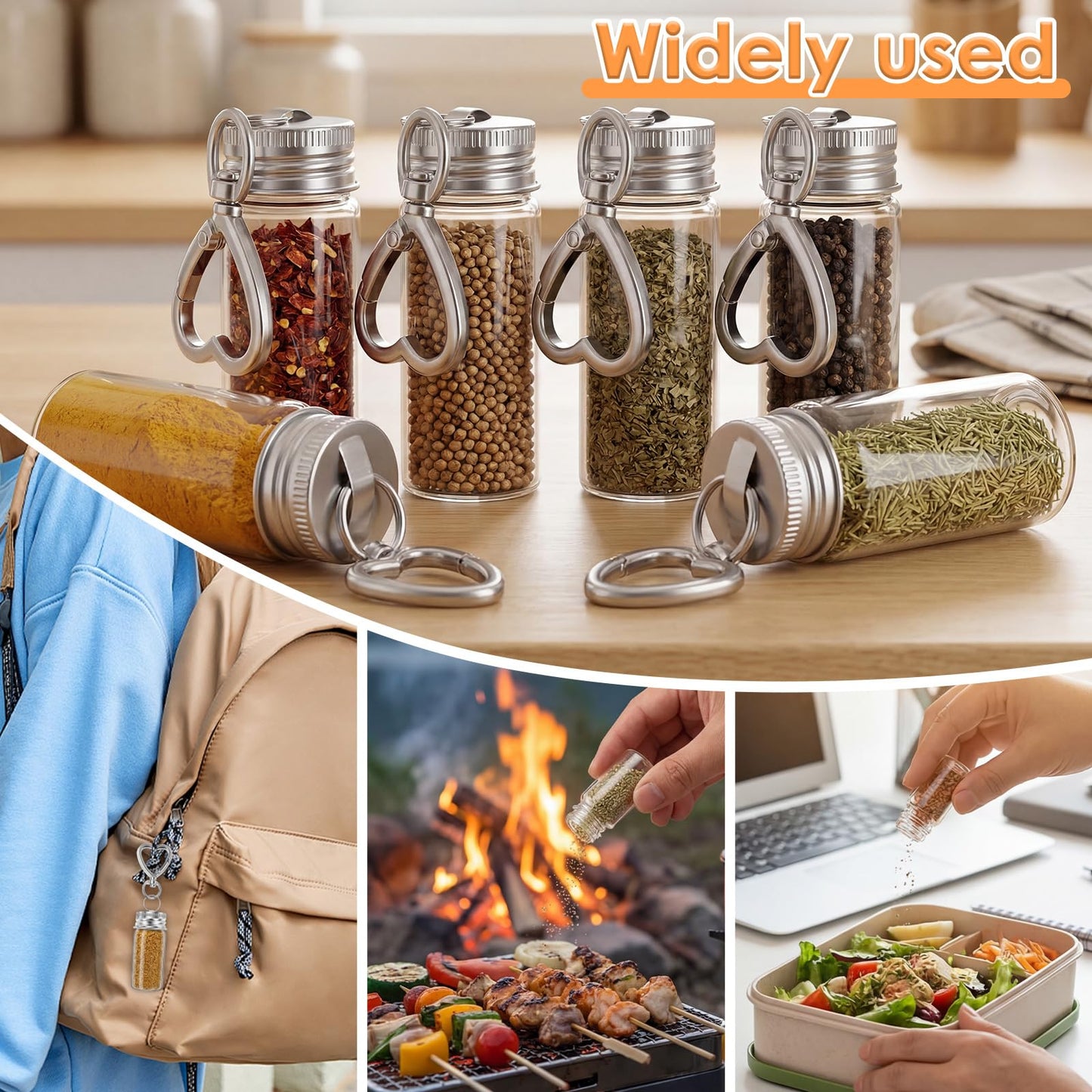 CQDAXUMY 6 Pcs Travel Salt Shaker, Mini Salt Keychain Bottle with Mini Funnel, Portable Clear Glass Spice Jar, Small Key Chain Travel Salt and Pepper Shakers for Camping, Office, Outdoor