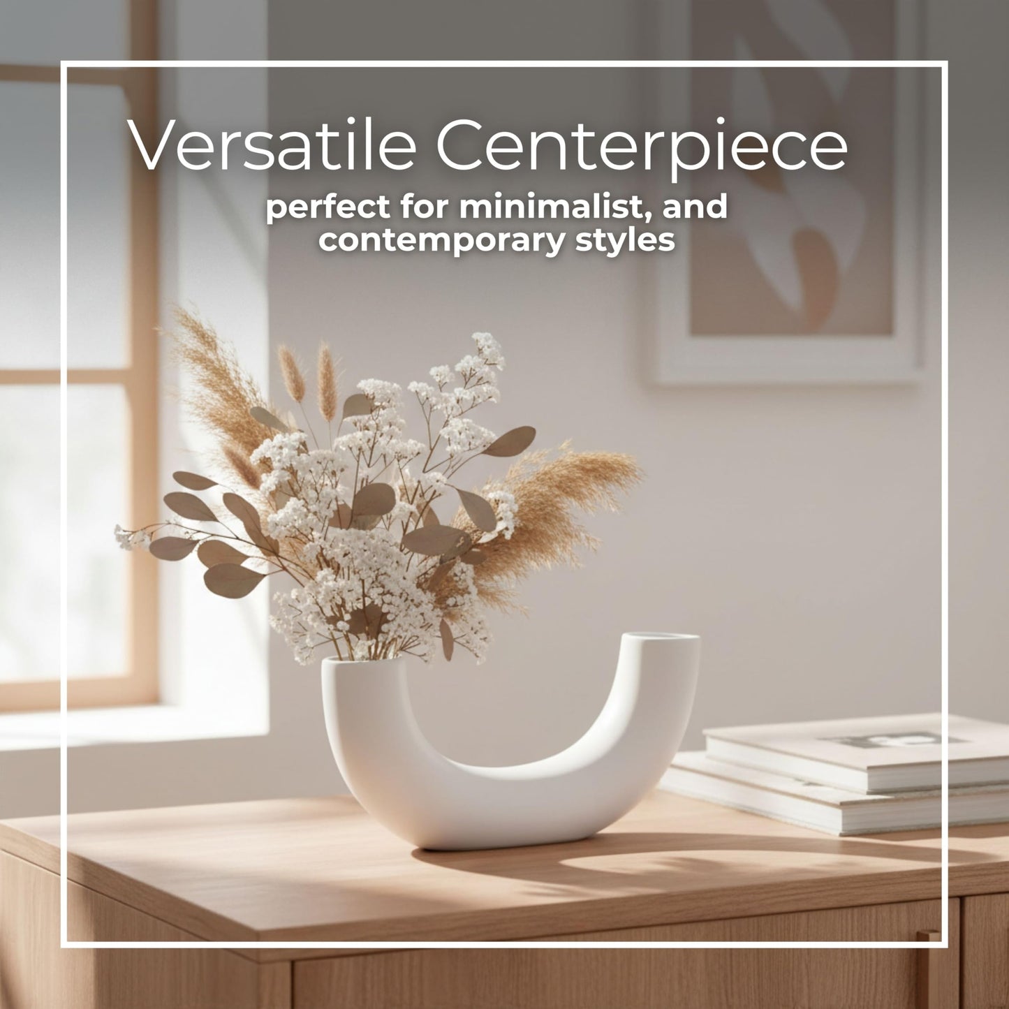 Ceramic Vase – Flower Holder for Shelf Or Table, Living Room Or Bedroom Decor, Modern U-Shape Design Home Decor Accent for Styling Books and Trays – 12" x 3" x 5", White